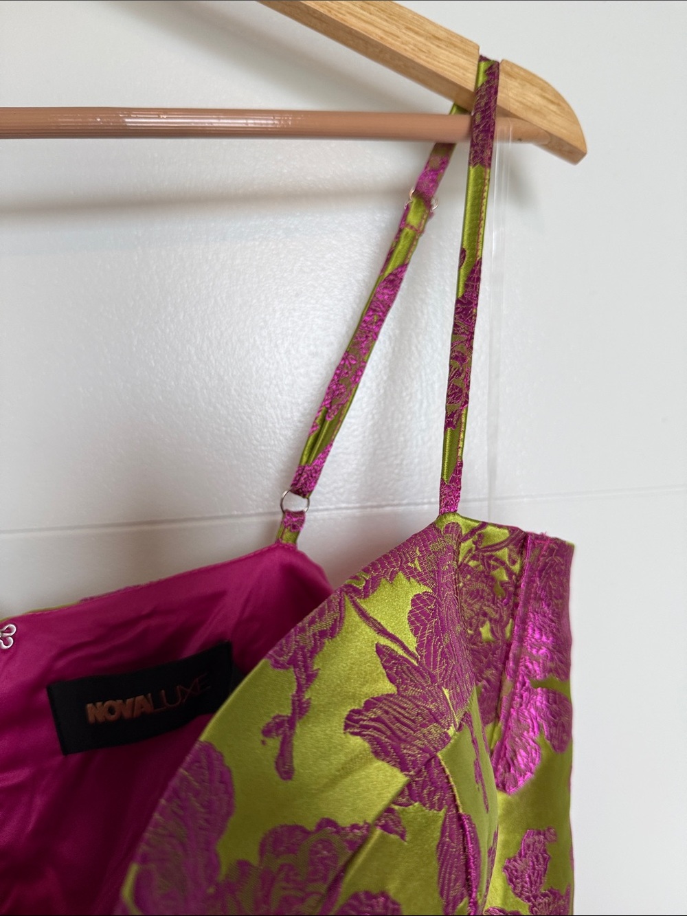 NWT Fashion Nova Lux Pink & Lime Floral Brocade Bustier Midi Dress - Picture 6 of 11